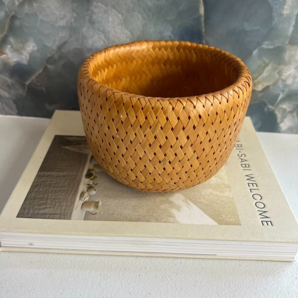 Bambu Hand Woven Basket Bohemian Brown Bamboo Round Bowl Double Walled